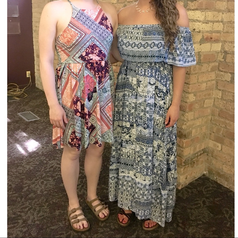 Miami Boho Blue & White Off-Shoulder Tiered Maxi Dress size Medium
